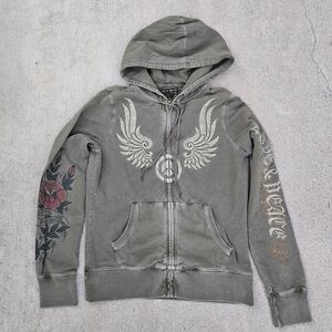 SUPER RARE Y2K GRUNGE LUCKY BRAND EMBROIDERED HOODIE MED PEACE & LOVE SAGE